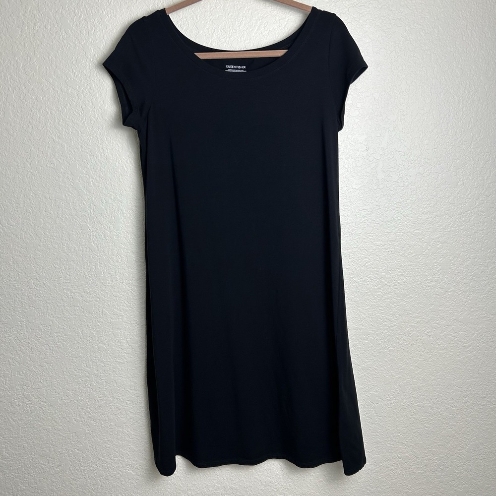 EILEEN FISHER Dress M Stretch Organic Cotton Jersey T-Shirt Cap Sleeve Black USA